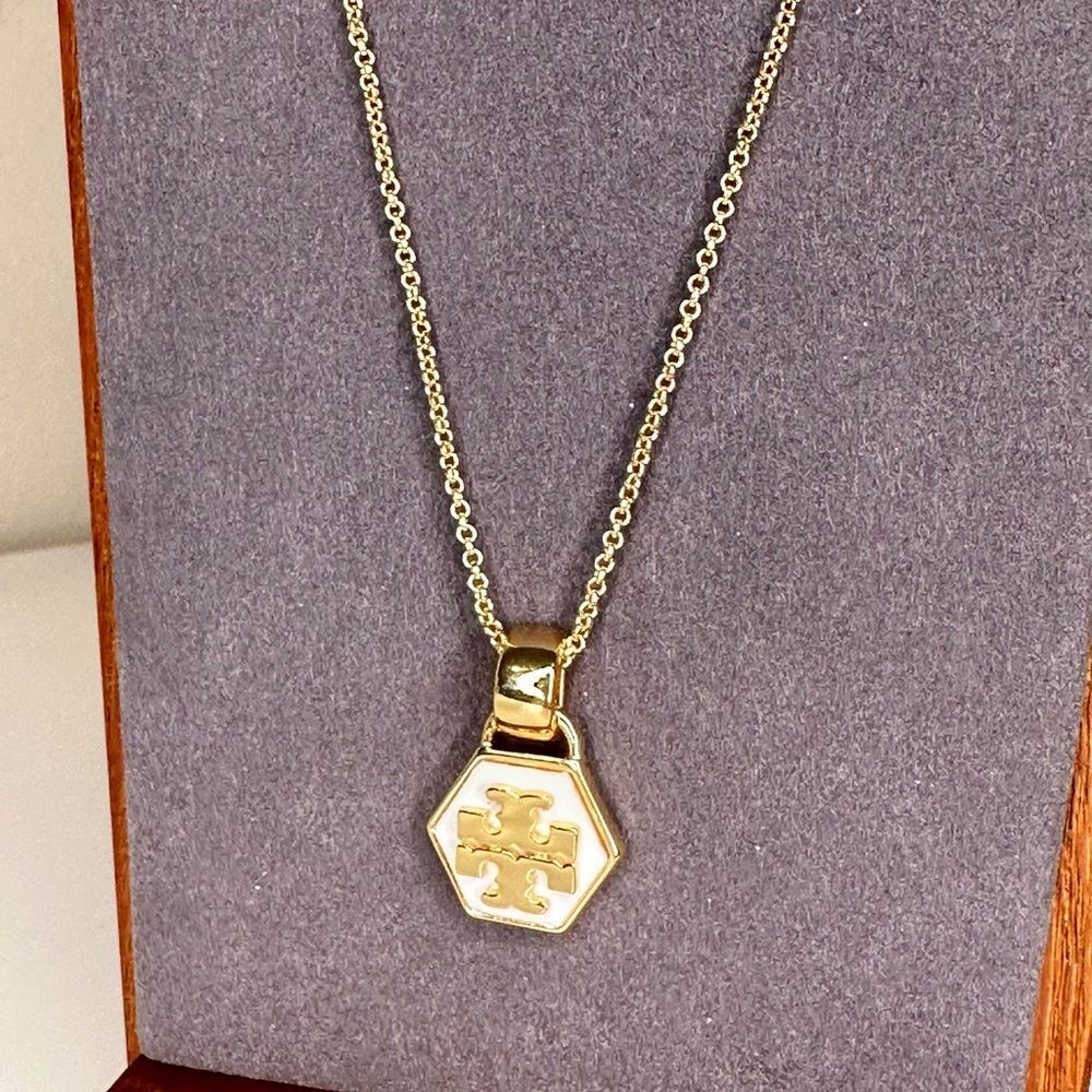 Tory Burch Kira Hexagon Logo Pendant Necklace Gold-Plated Brass White Enamel 18” - Picture 2 of 6